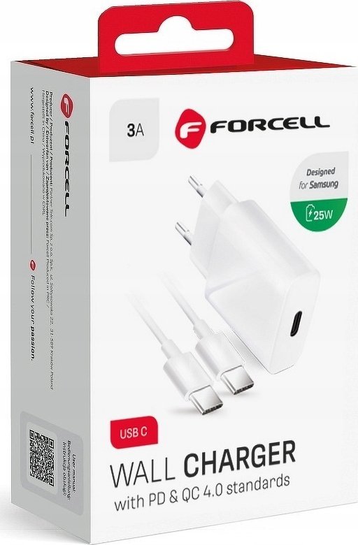 Ładowarka ForCell FORCELL F-ENERGY TFK-TC-25WPD ładowarka sieciowa Typ C + kabel Typ C do Typ C PD Q.C 3A 25W biała