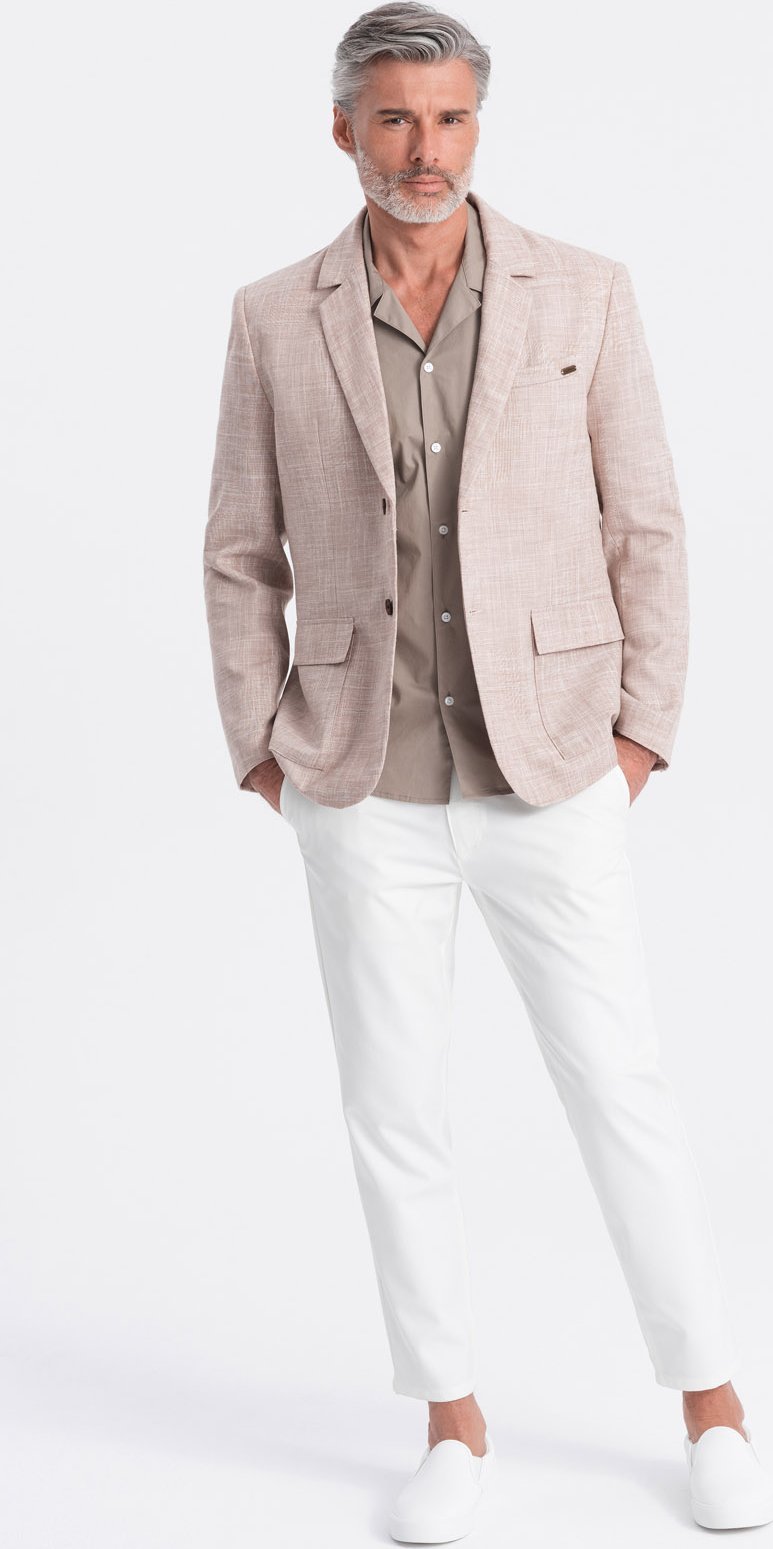 Ombre Męska marynarka o kroju REGULAR z lnem - jasnobeżowa V2 OM-BLZB-0128 L