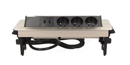 Orno Gniazdo wpuszczane w blat 3x250V w niklowanej obudowie z ładowarką 2xUSB i przewodem 1,8m