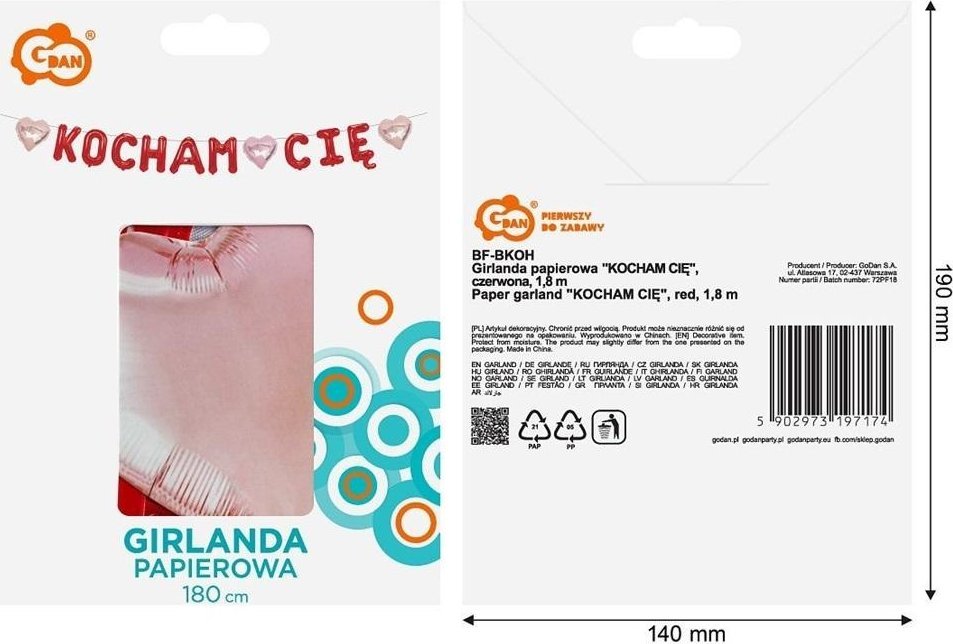 Girlanda papierowa Kocham Cię czerwona 1,8m