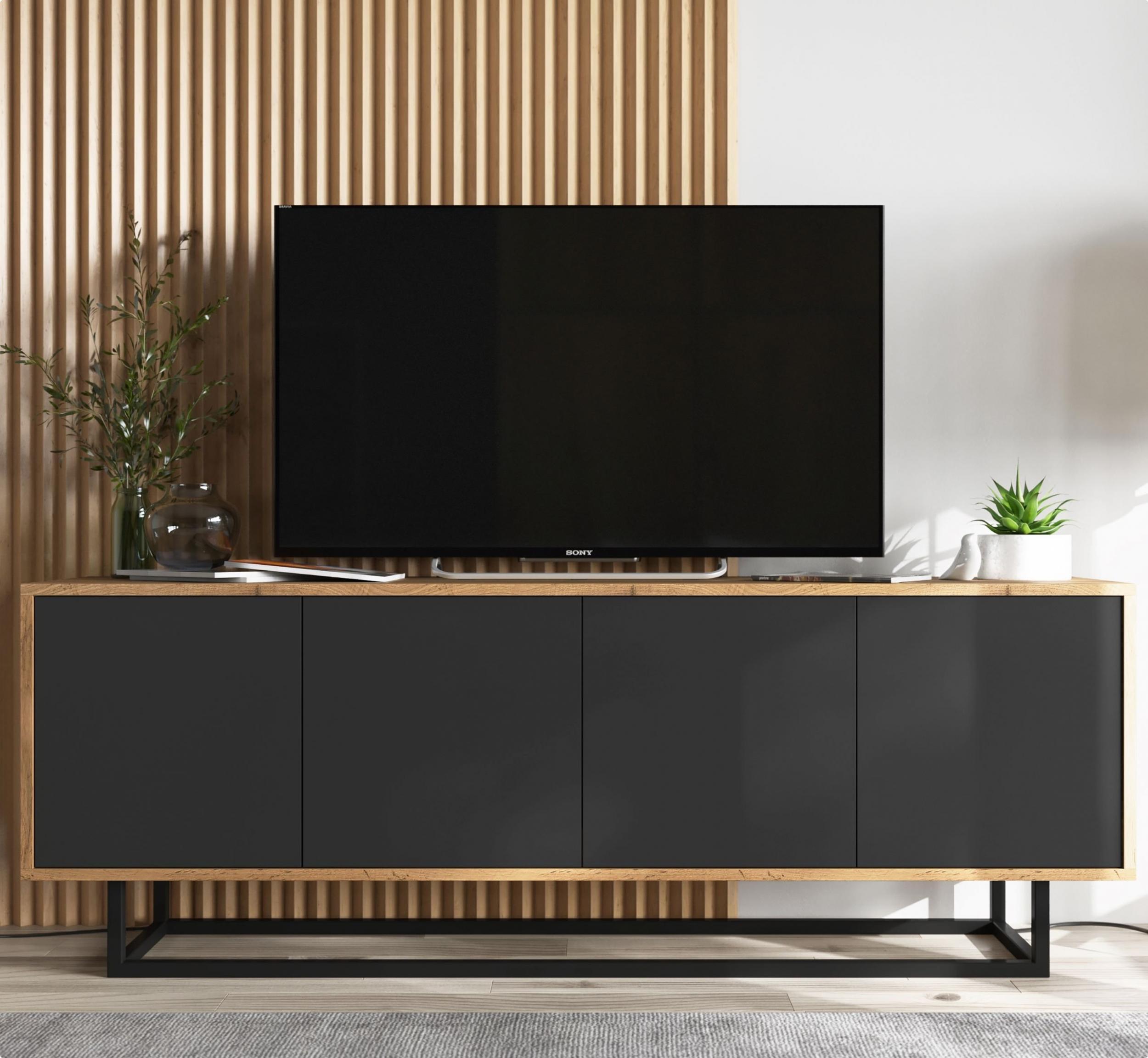 Meble Lindner Nowoczesna Szafka RTV Loft Komoda RTV Dąb wotan czarny MAT 150 cm