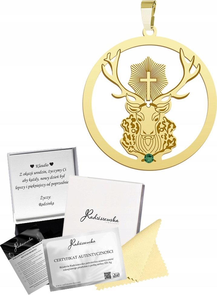Radziszewska Jewellery ZAWIESZKA ZŁOTA JELEŃ ŚWIĘTEGO HUBERTA PREZENT GRAWER SREBRO 925 ŻYCZENIA