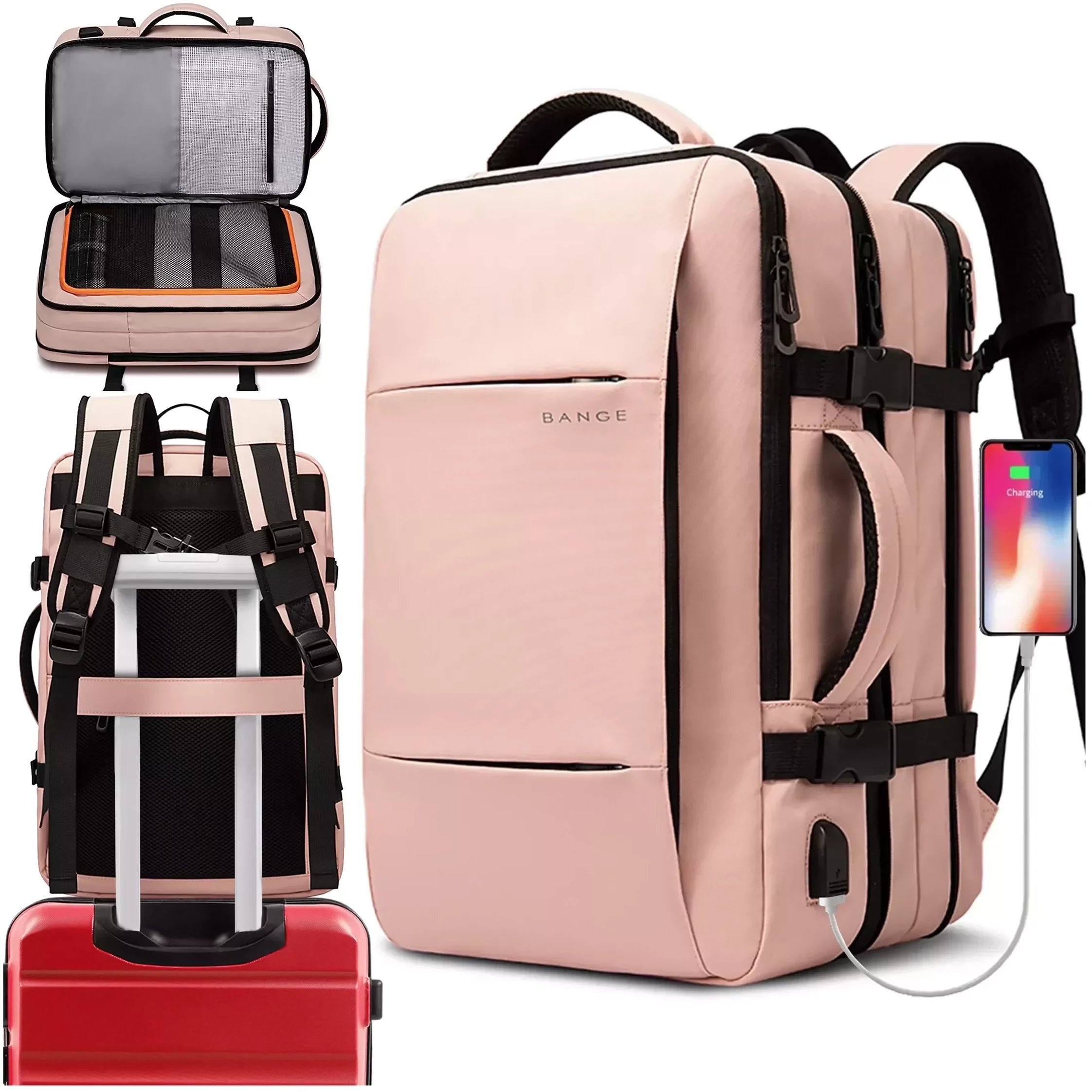 Plecak podróżny Bange BackPack biznesowy plecak rozszerzalny Torba pojemna do laptopa 17.3" z portem USB Różowy