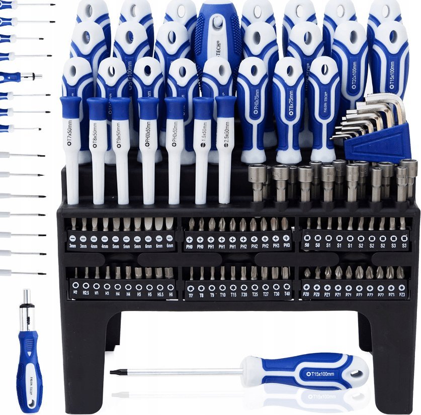 Falon-Tech ZESTAW ŚRUBOKRĘTÓW WKRĘTAKÓW BITÓW STOJAK 100 ELEMENTÓW