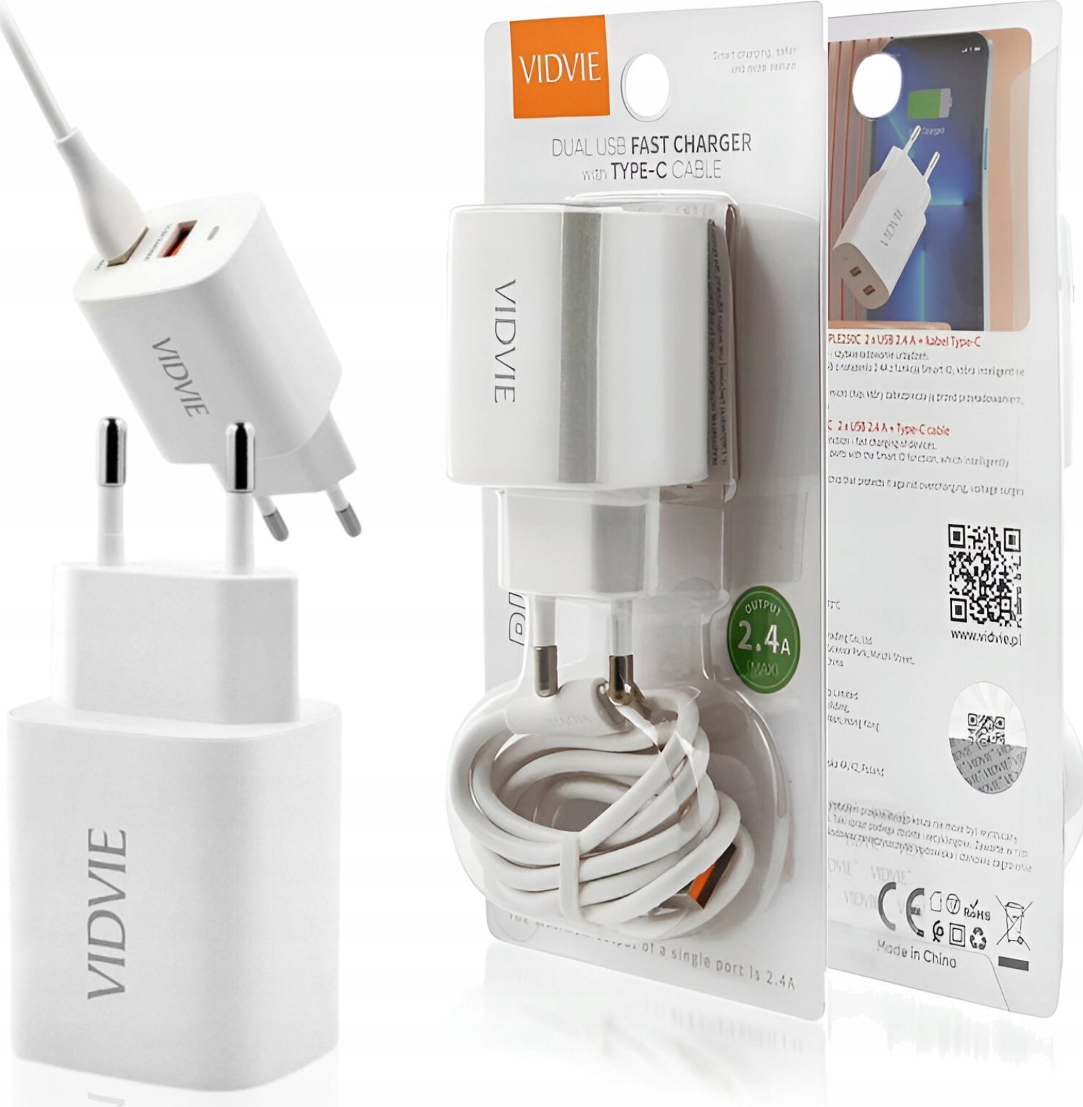 Ładowarka Vidvie Ładowarka sieciowa VIDVIE PLE250C 2.4A 2xUSB Kabel Type-C (Biała)