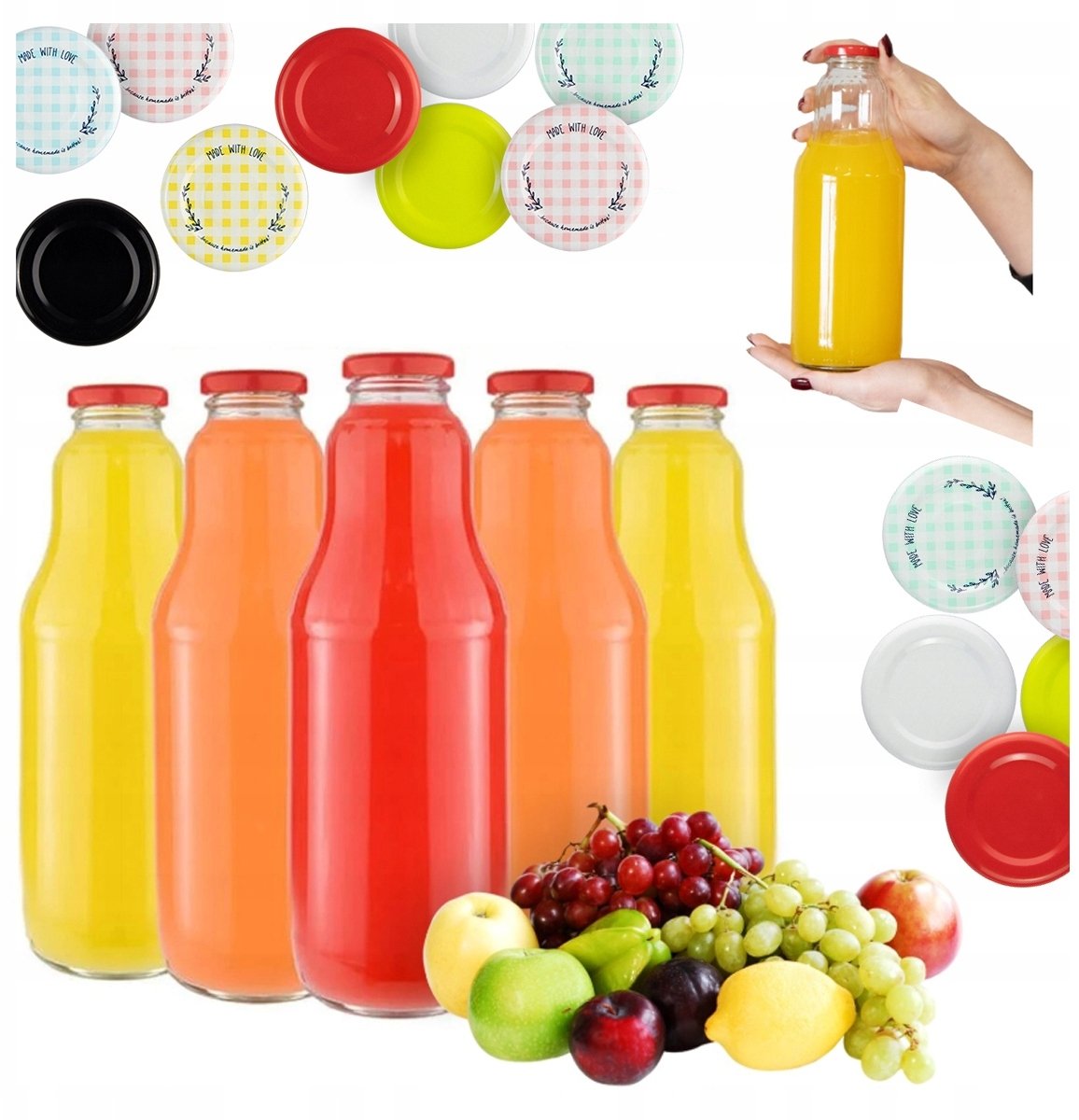 25x Butelki Szklane FRUIT 1L Butelka Na Sok Soki Mleko 1000ml + Wieczko