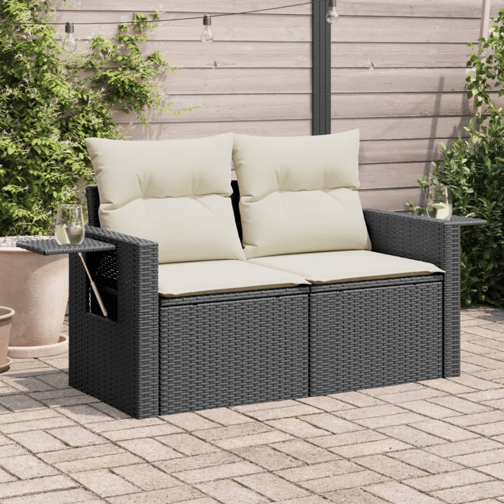 vidaXL Sofa ogrodowa z poduszkami, 2-osobowa, czarna, polirattan