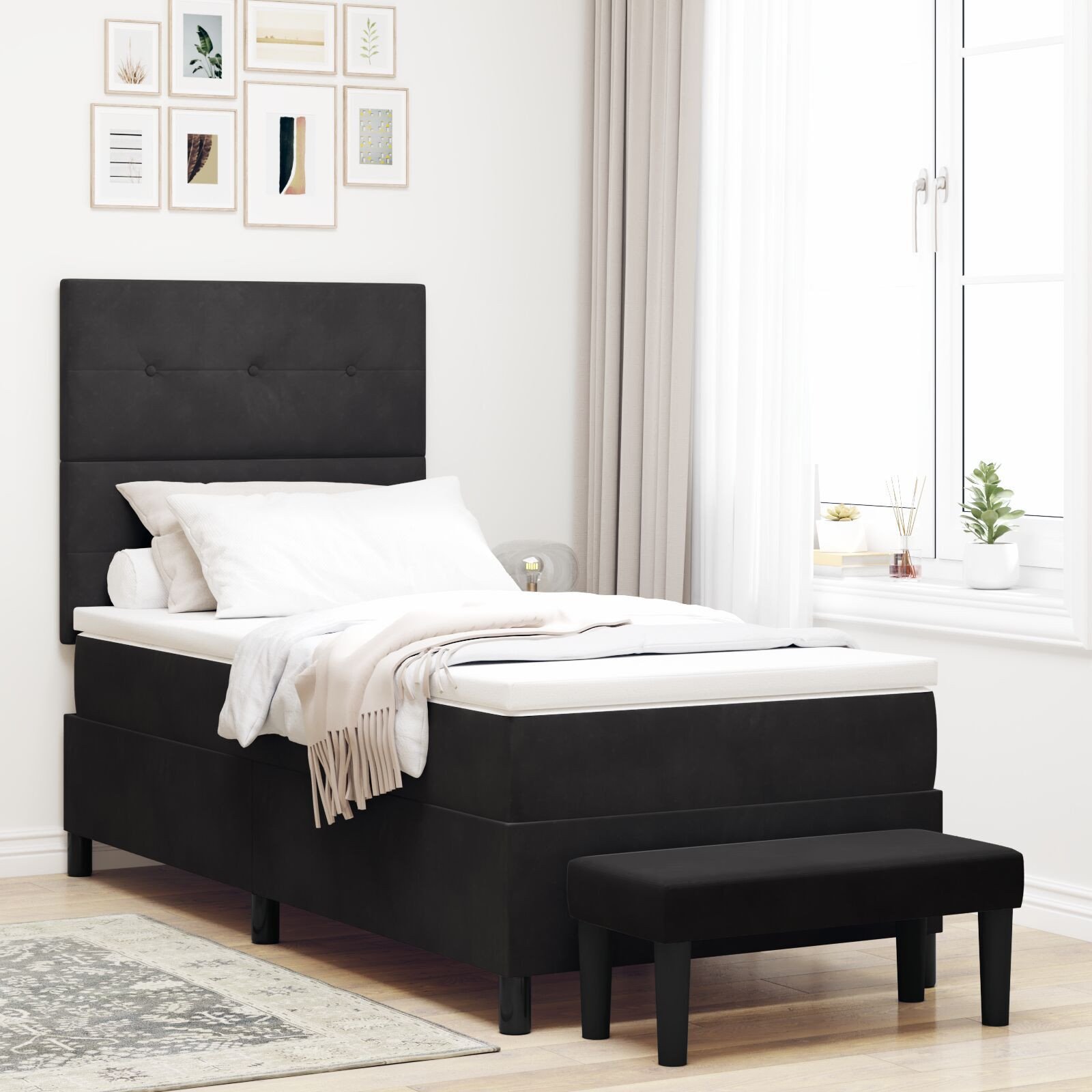 vidaXL Łóżko Box Spring z materacem i ławą Czarny 100x200 cm Aksamit