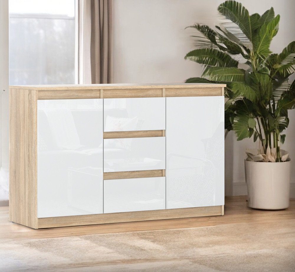 Komoda Biała Połysk Drewniana 3 Szuflady Nowoczesna 120cm Szafka Dąb Sonoma