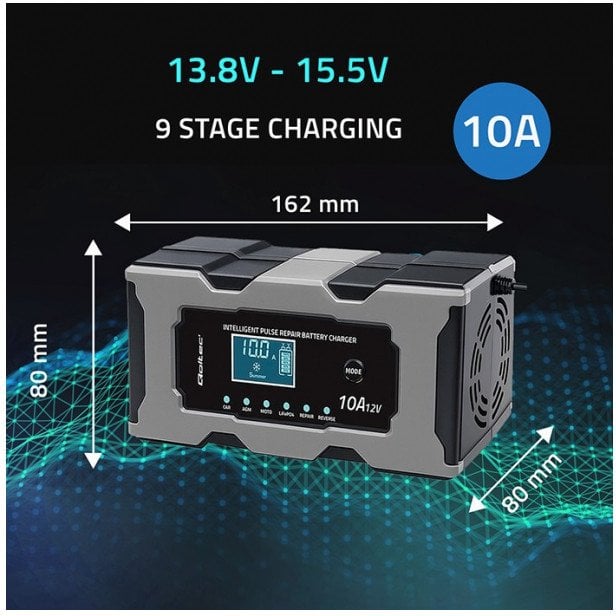 qoltec Mikroprocesorowa ładowarka 12V 10A | Prostownik z funkcją naprawy do akumulatora AGM GEL LiFePO4 | LCD