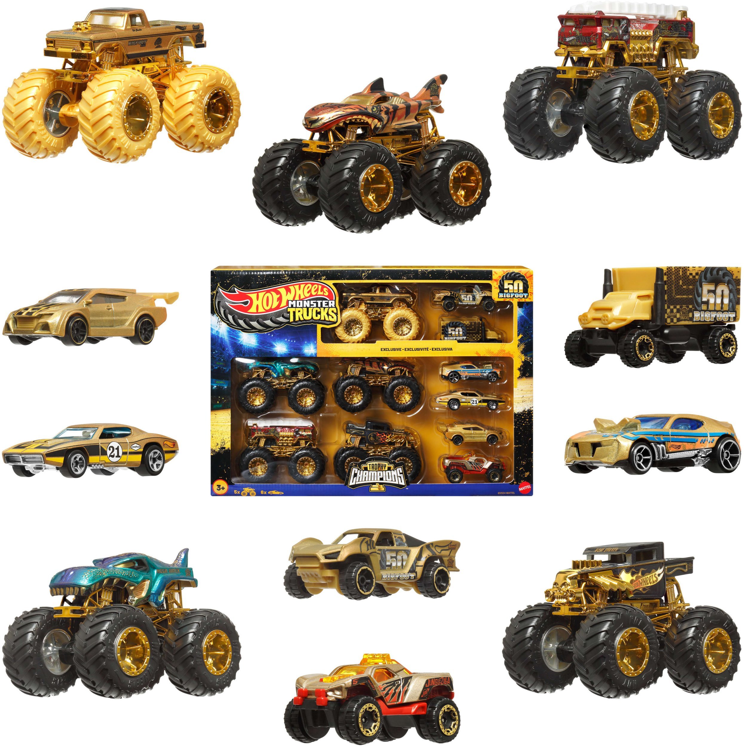Hot Wheels Monster Trucks Trophy Champions Collection, Vehicle set, 3 yr(s), Metal, Plastic, Gold, Multicolour