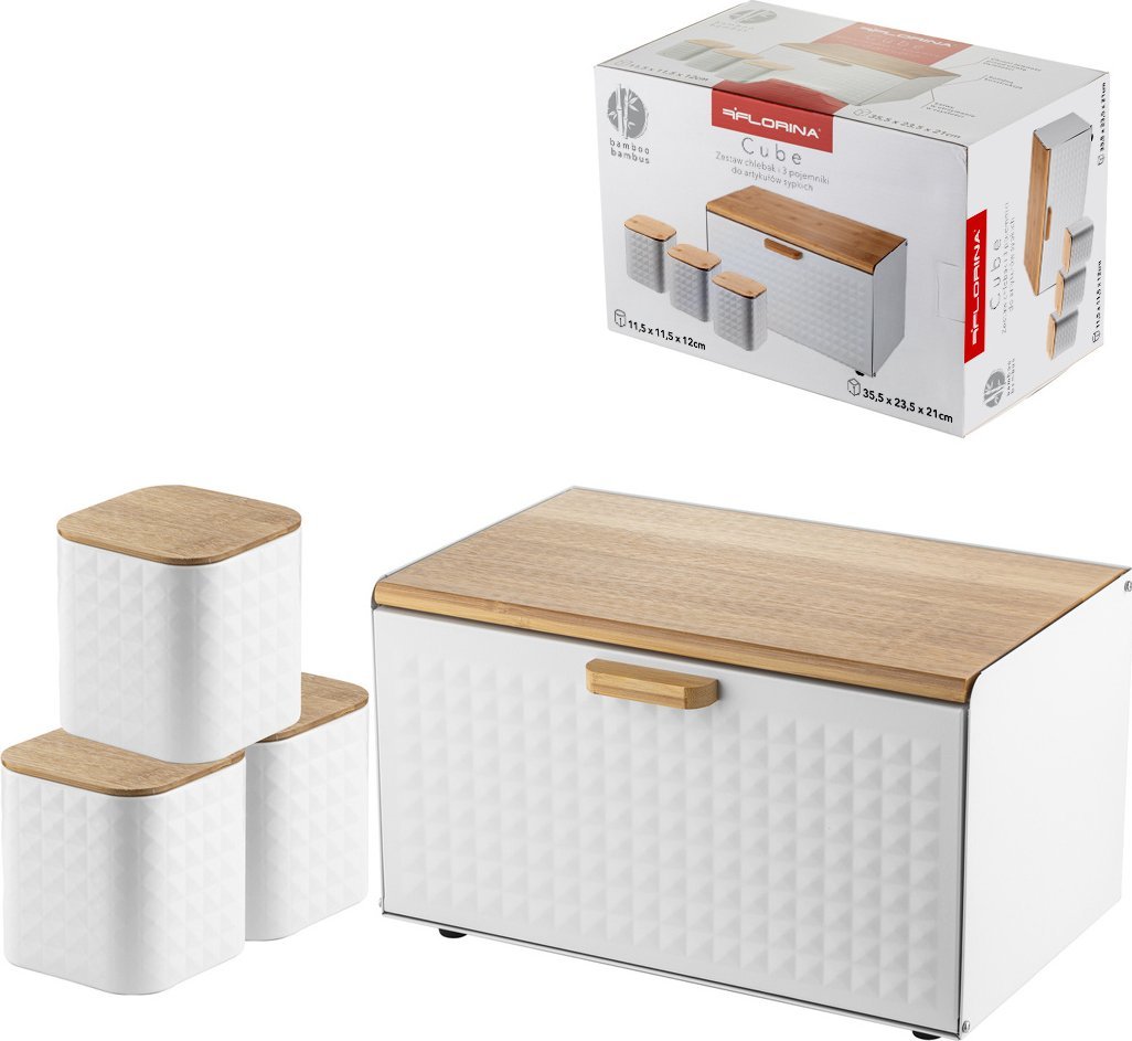 Florina Zestaw kuchenny chlebak i 3 pojemniki na kawę herbatę cukier Florina Cube biały