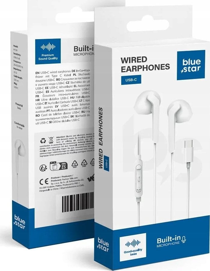 BLUE STAR słuchawki przewodowe Typ C z mikrofonem PA-M15C-R 1,2 m białe