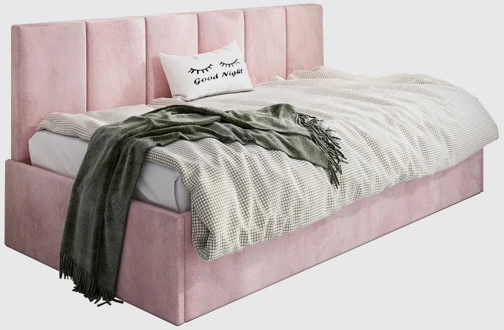 Łóżko młodzieżowe SORA 80x200 różowe z tapicerowanym panelem i pojemnikiem na pościel MKPOL