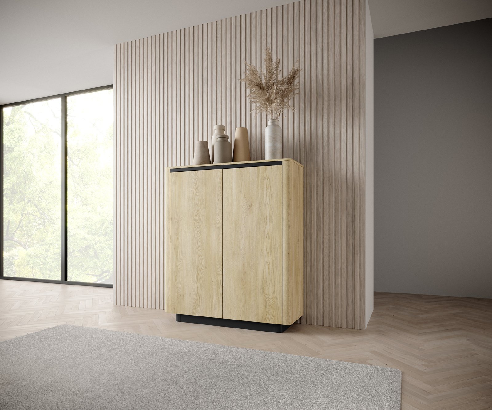 Ravio Komoda wysoka TORRO dąb kremowy 113 cm czarny 2 drzwi zaoblona push to open