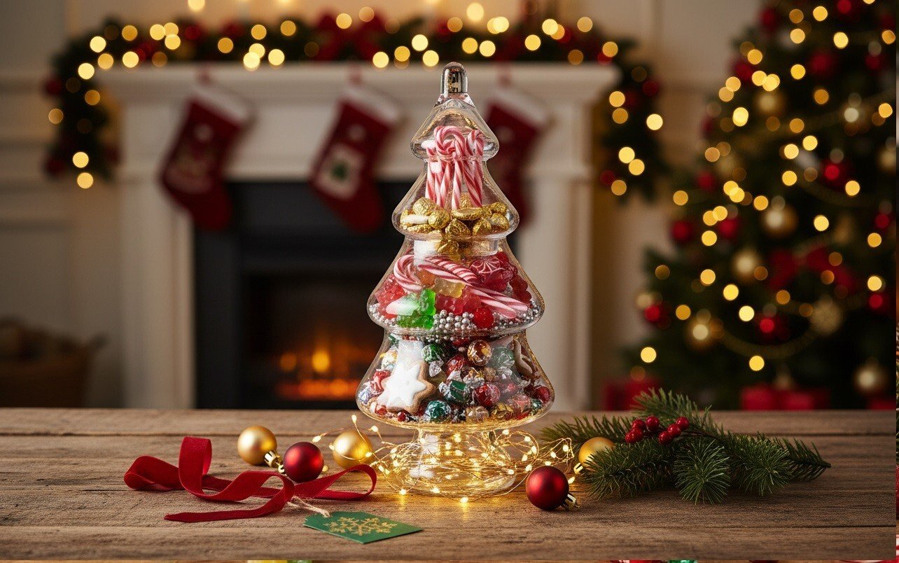 Bombonierka szklana 2-częściowa Choinka 40 cm