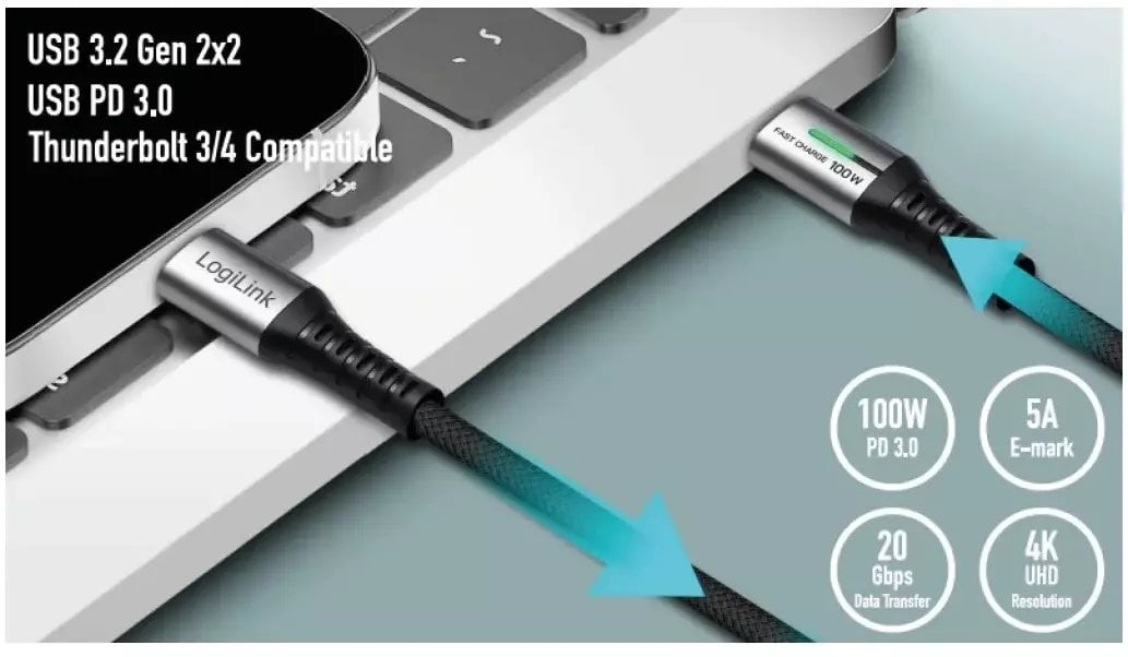 LogiLink USB 3.2 Gen2x2 Type-C kabel C/M do C/M LED 1m sw