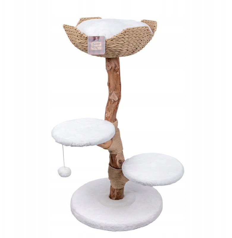 Drapak dla kota, be�owo- bia�y,100cm, na drewnianej nodze, z koszem i dwoma siedziskami