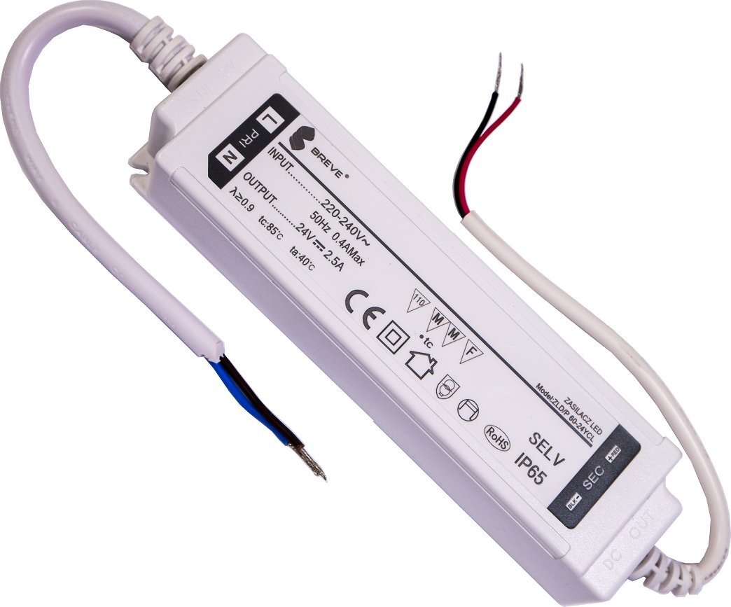 Mojeledy Zasilacz LED 60W wodoodporny IP65 24V 2,5A BREVE