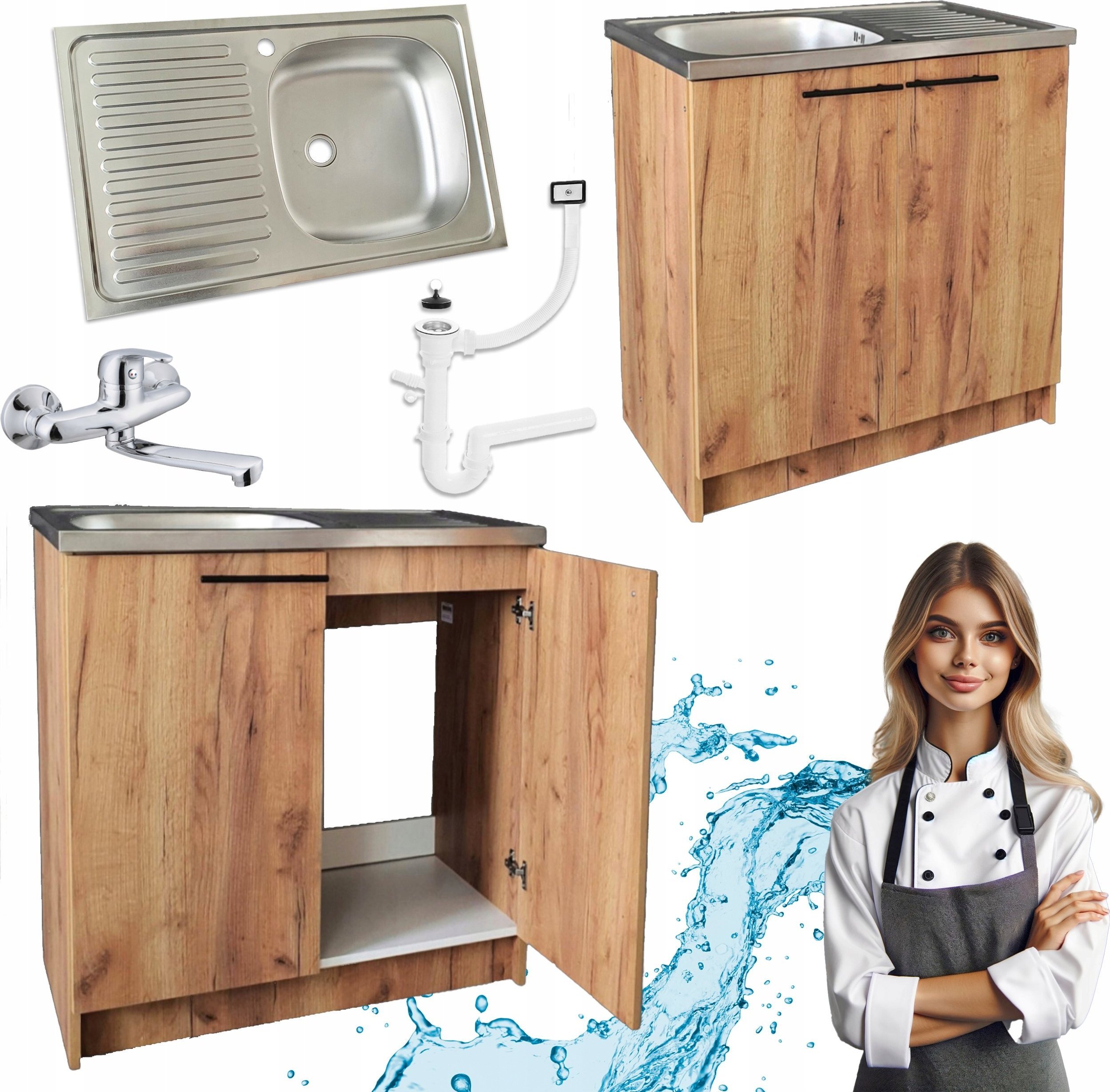 Stamar Szafka Kuchenna 80 cm Dąb Złoty + Zlewozmywak + Bateria Ścienna + Syfon