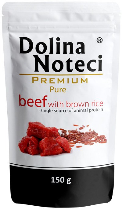 Mokra karma dla psa alergika Dolina Noteci Premium Pure bogata w wołowinę z ryżem brązowym saszetka 150 g