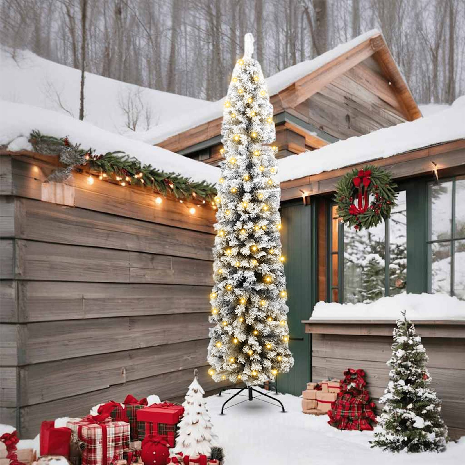 vidaXL Szczupła choinka bożonarodzeniowa 300 LED i pokryta śniegiem zielona 240 cm