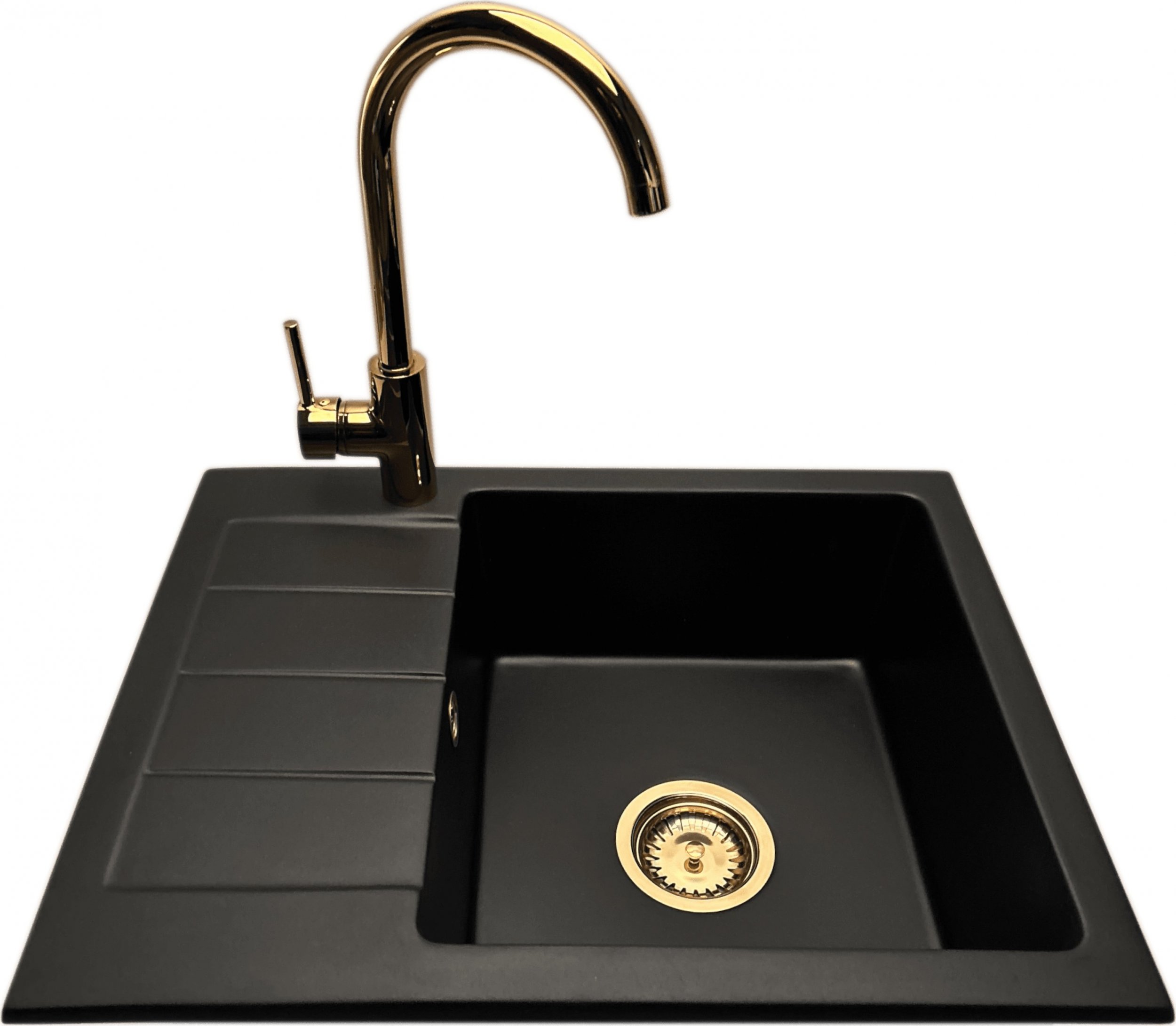 Zlewozmywak PREHNIT Zlewozmywak jednokomorowy z ociekaczem ADAL czarny z lewym ociekaczem + bateria złota