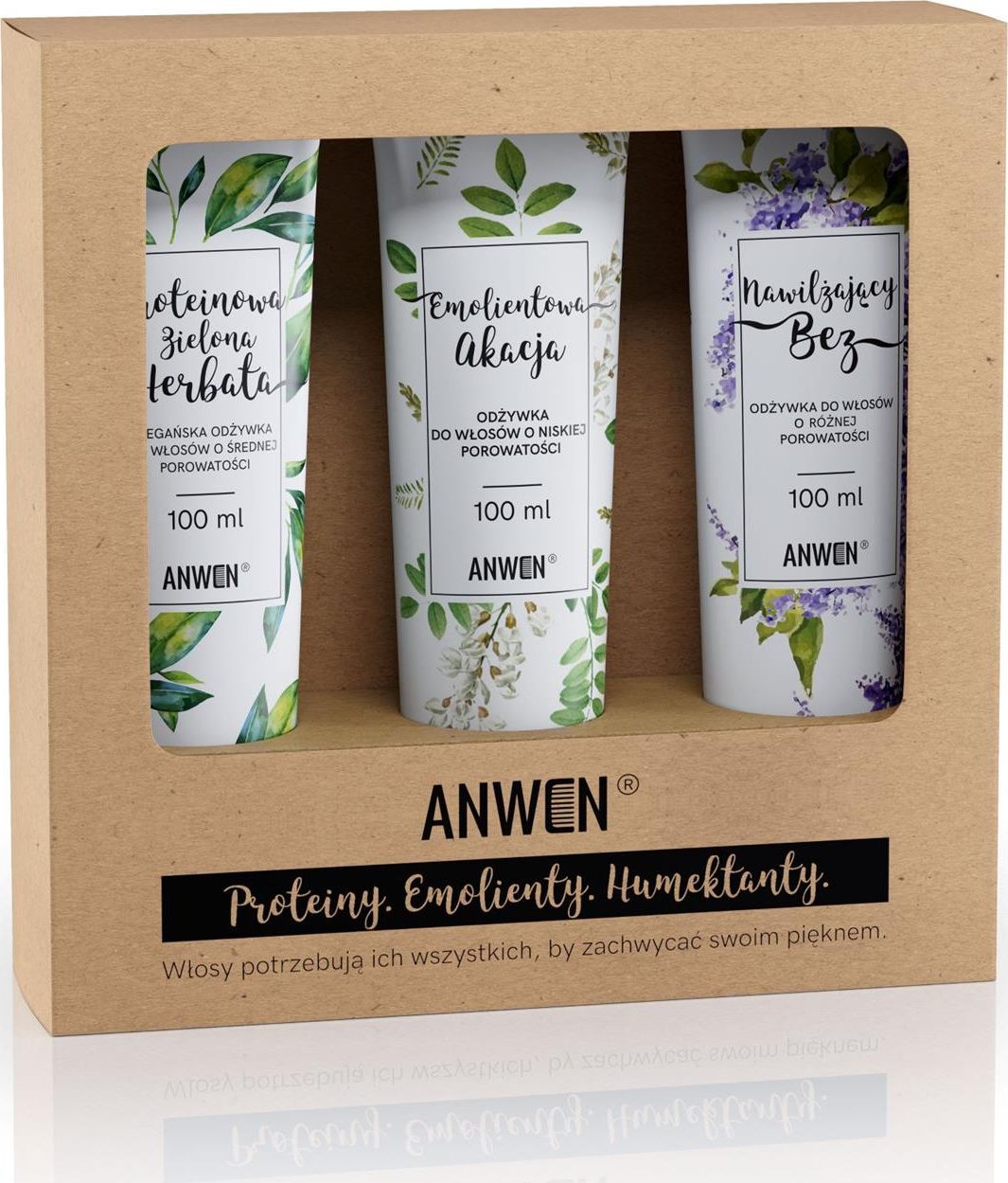 Anwen ANWEN_SET Odżywki do włosów o niskiej porowatości Proteinowa Zielona Herbata 100ml + Emolientowa Akcja 100ml + Nawilżający Bez 100ml