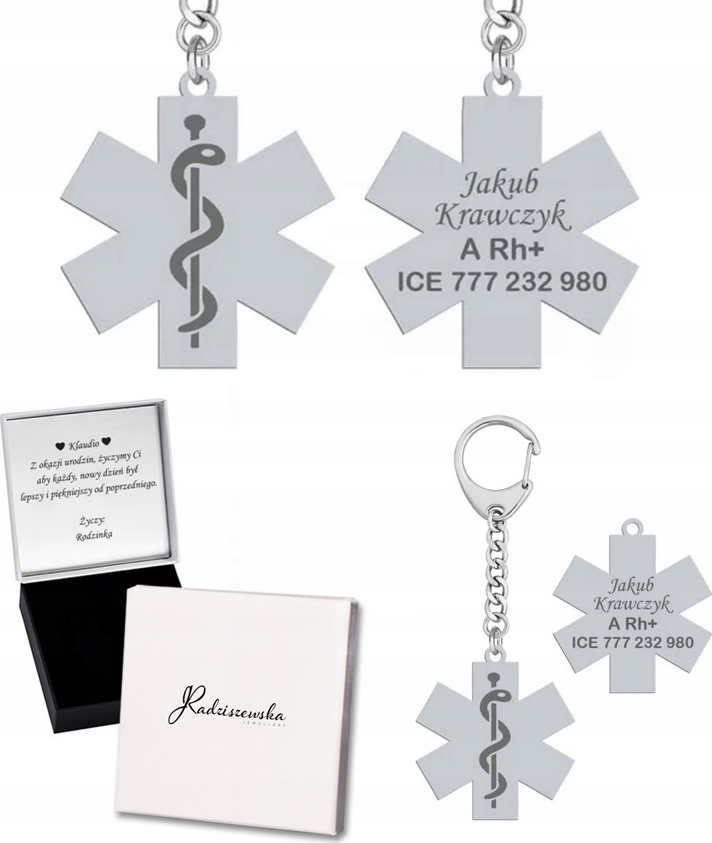 Radziszewska Jewellery Brelok do kluczy Eskulap Znak Medyczny Prezent Srebro GRAWER ŻYCZENIA