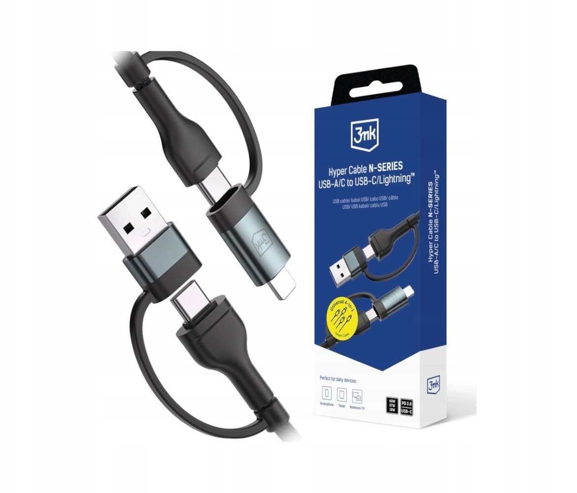 Kabel USB 3MK USB-A + USB-C - USB-C + Lightning 1.2 m Czarny (3MK17470)