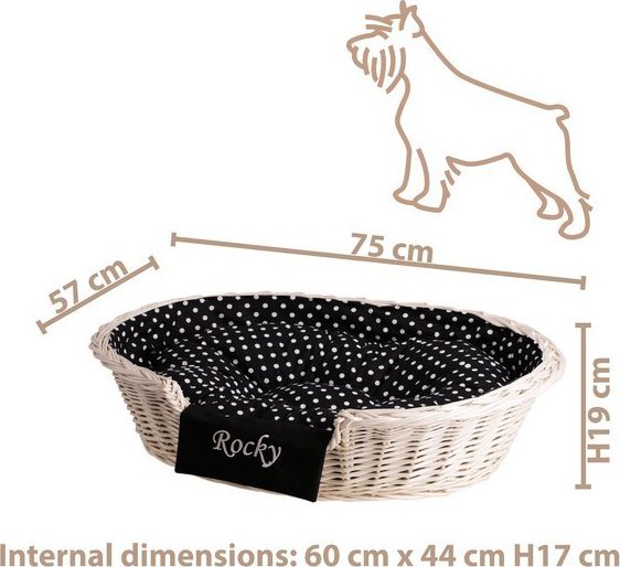 WickerPL Poppy OWALNE WYBIELANE WIKLINOWE LEGOWISKO DLA ZWIERZĄT Z IMIENIEM KOSZ DLA PSA 75X57 H19 / ROZMIAR WEWNĘTRZNY 60X44 H17 CM