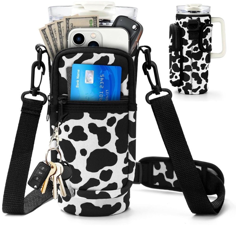 Torba na kubek termiczny neoprenowa Supero z paskiem, biało-czarna