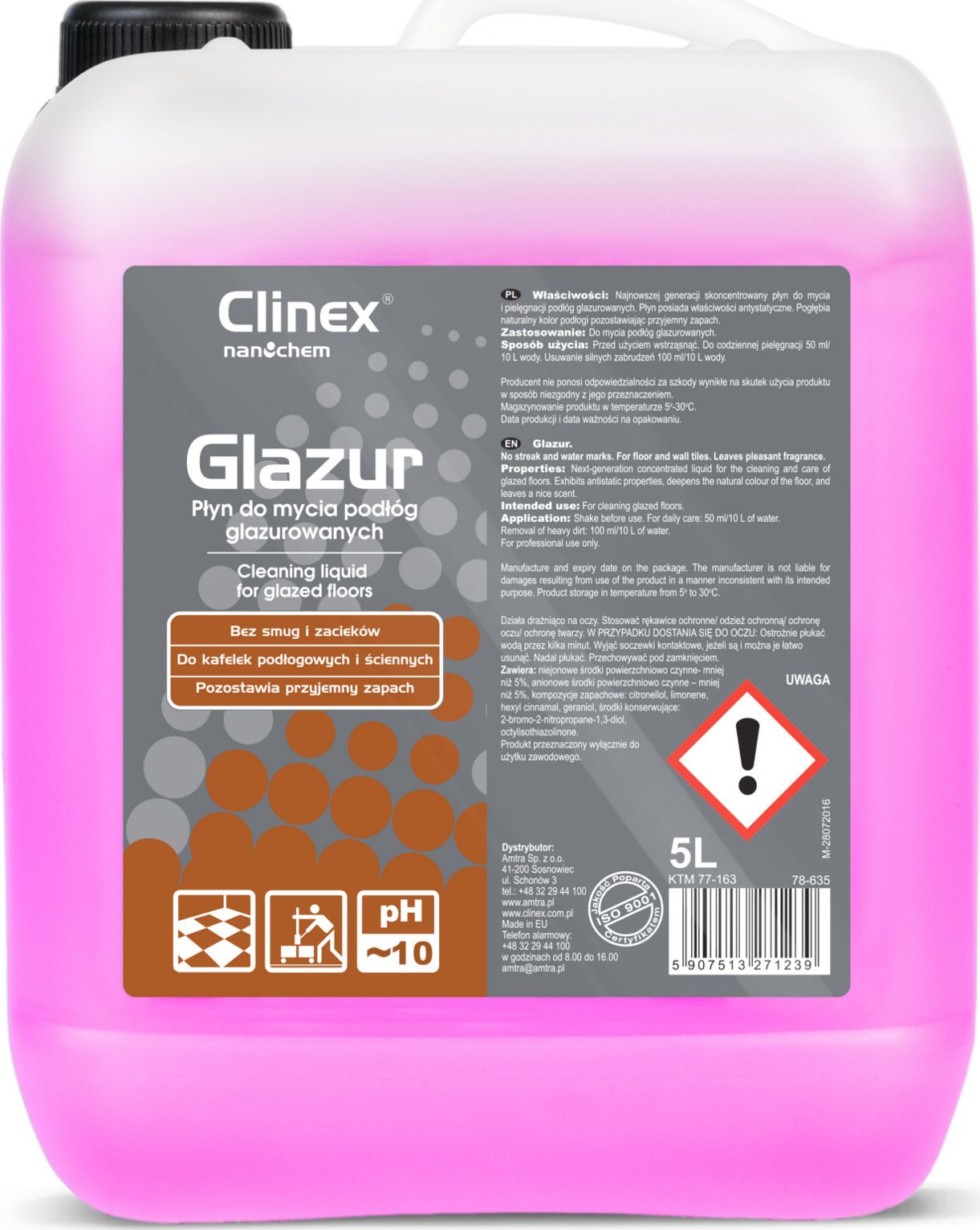 Clinex Płyn do mycia podłóg płytek glazury kamienia CLINEX Glazur 5L Płyn do mycia podłóg płytek glazury kamienia CLINEX Glazur 5L