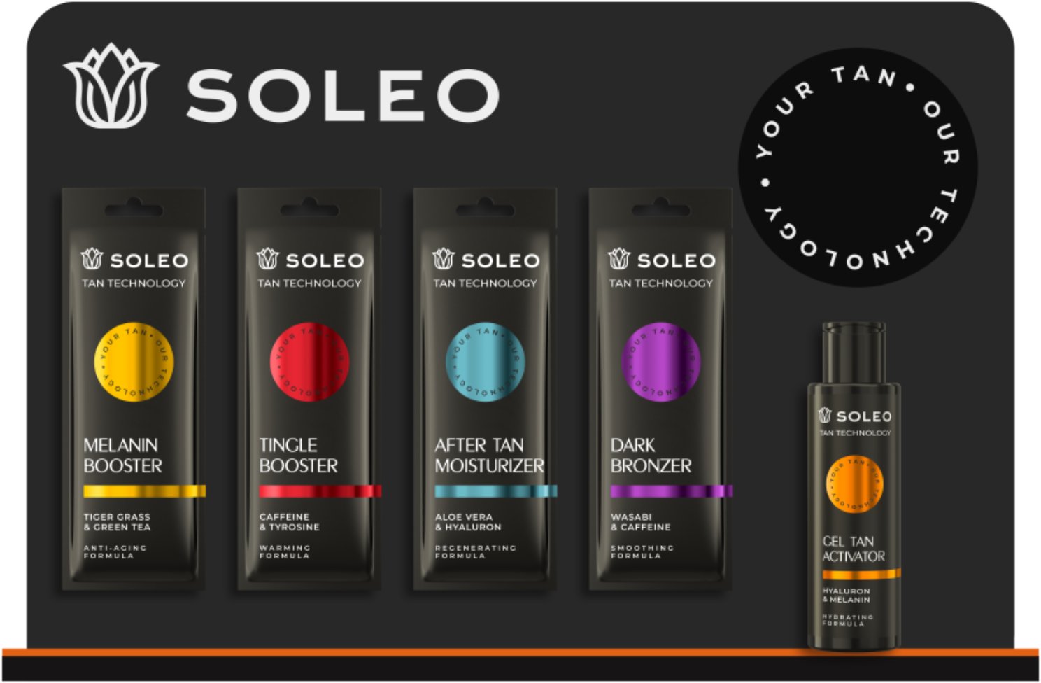 Soleo Ekspozytor Z Miejscem Na Butelkę Gel Tan Activator Oraz Saszetki (4 Czarne Haczyki)