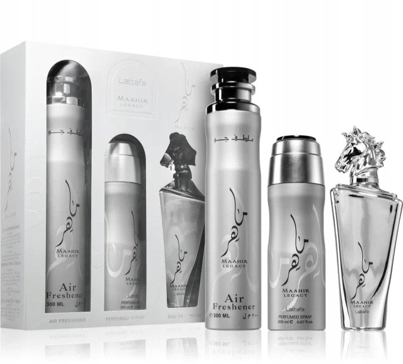 SET LATTAFA Maahir Legacy EDP spray 100ml + PERFUMED SPRAY 200ml + AIR FRESHENER 300ml