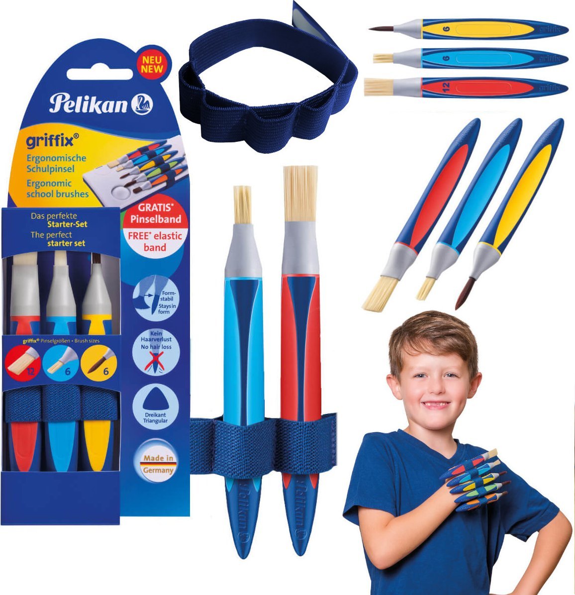 Pelikan Pędzle Griffix płaskie okrągły 6/12 trójkątny uchwyt 3szt +gumka PELIKAN