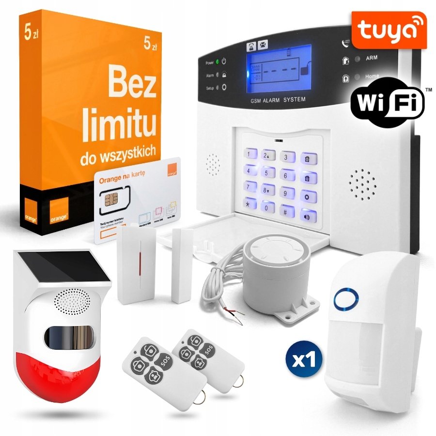 Alarm Zestaw Bezprzewodowy GSM WiFi Tuya Syrena 1x Czujnik PIR Pilot SIM