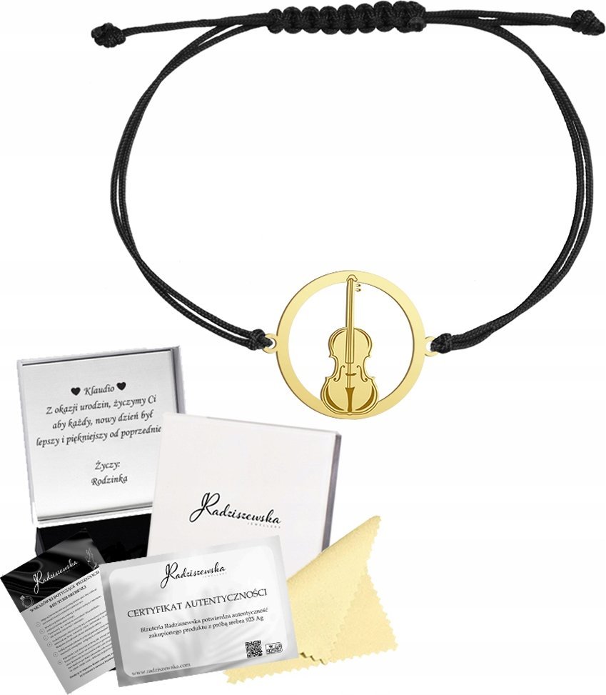 Radziszewska Jewellery Bransoletka Złota ze Skrzypcami Sznurek SREBRO 925 GRAWER DEDYKACJA GRATIS
