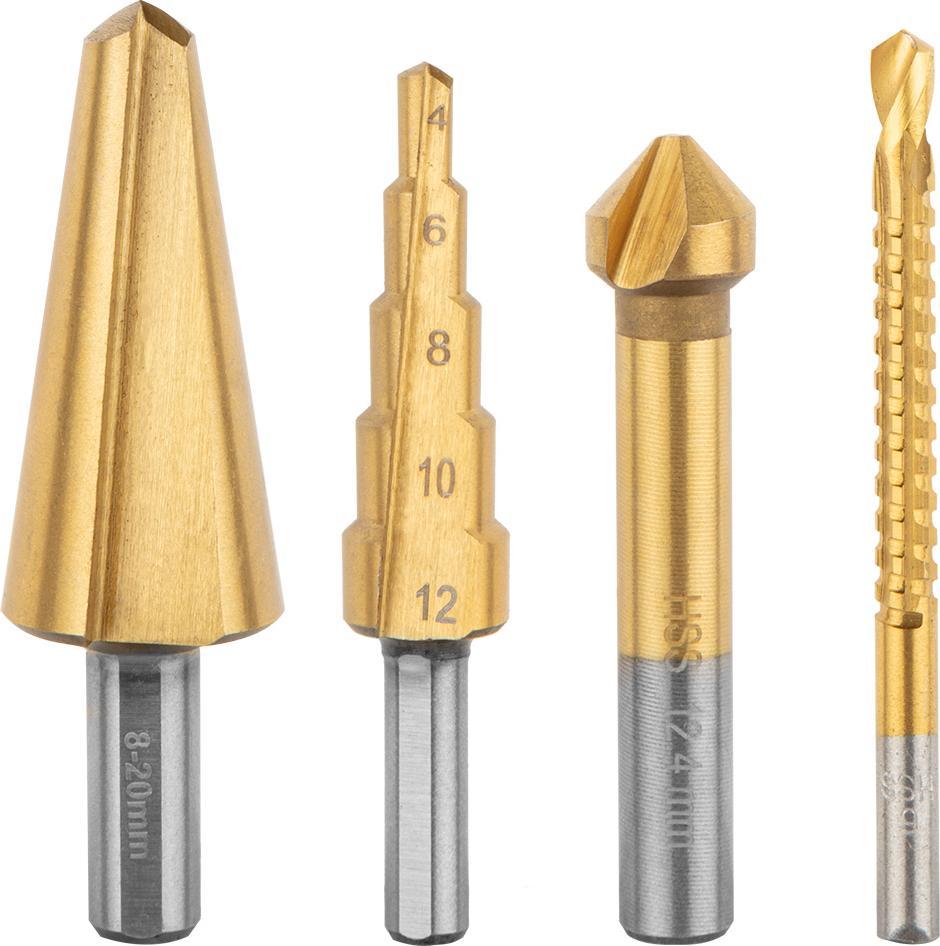 Wiertło Verto Wiertła stopniowe (Wiertła stopniowe, rozwiertaki, frezowiertła, pogłębiacz, zestaw 4 szt.)