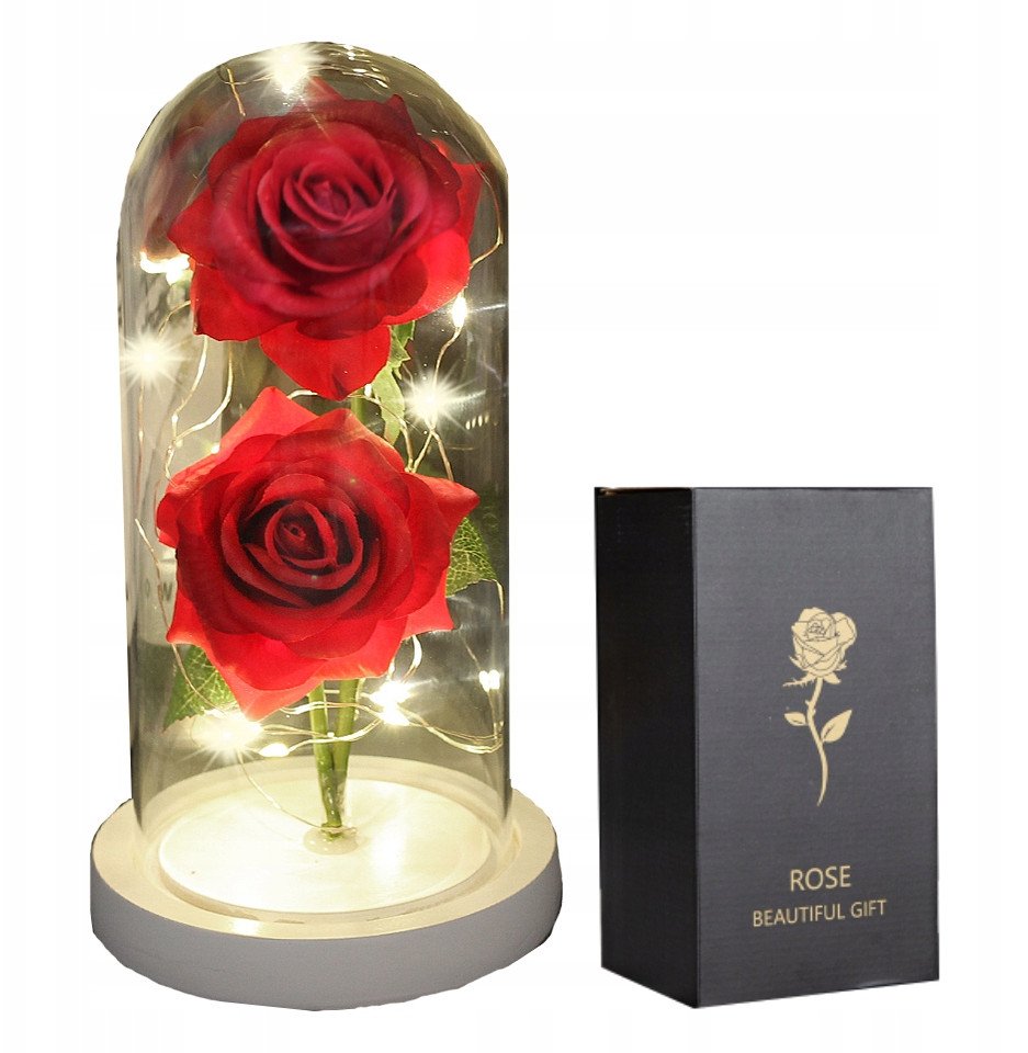 WIECZNA Róża PODWÓJNA W SZKLE Świecąca LED PREZENT