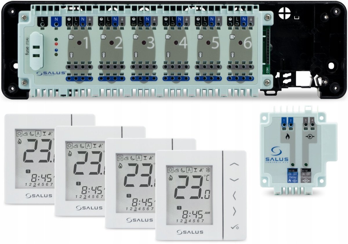 SALUS StartPack Standar - zestaw przewodowego sterowania ogrzewaniem podłogowym bez zarządzania przez Internet: KL06-M, PL07, 4 x VS30W
