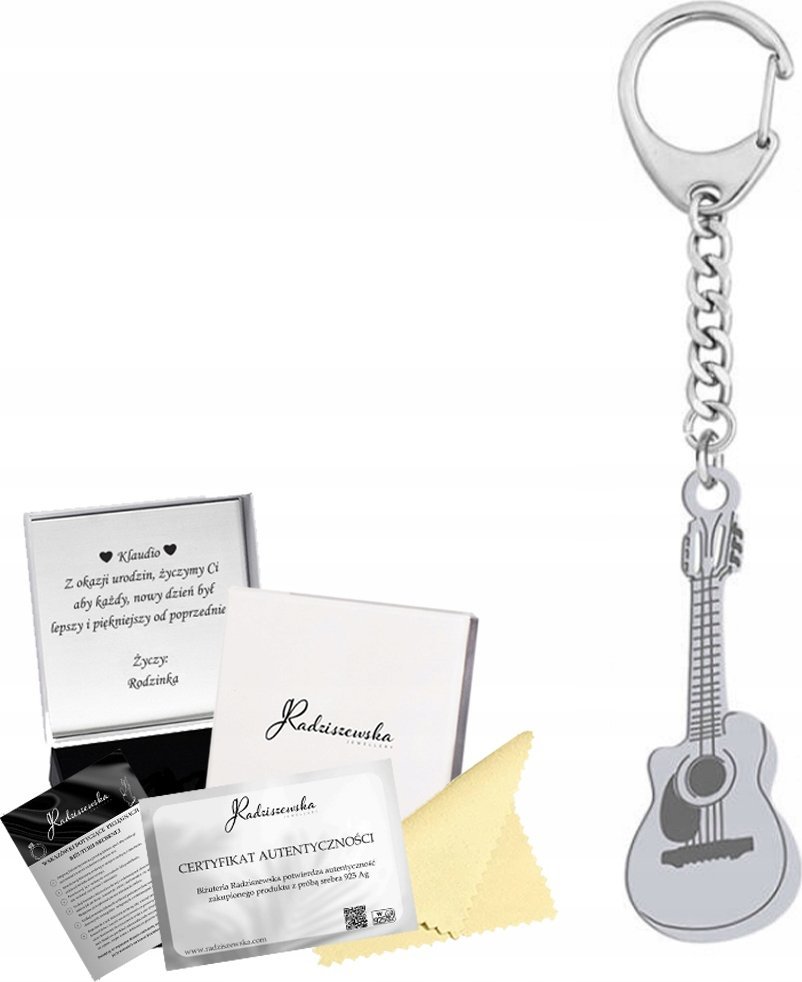Radziszewska Jewellery Brelok Srebrny Gitara z Grawerem 925 do kluczy Prezent Gadżet ŻYCZENIA