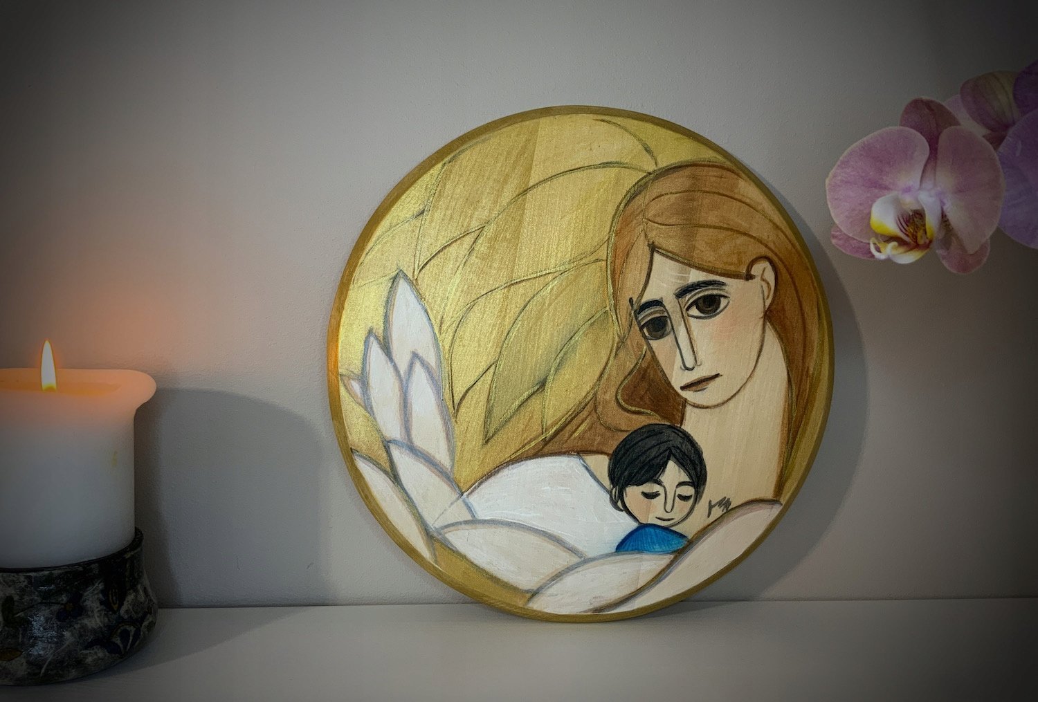 Anioł Stróż tulący dziecko - pamiątka Chrztu Św.