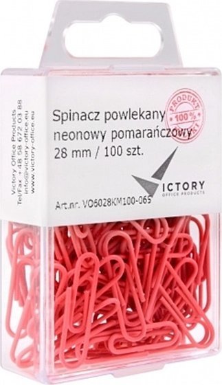 Victory Office Product Spinacze okrągłe 28mm VICTORY OFFICE PRODUCTS 6028KM100-065 neonowe pomarańczowe metalowepowlekane w zawieszanym pojemniku plas