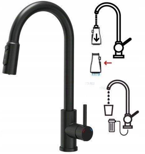 CINDY SteelQ stalowa bateria kuchenna trójdrożna z wyciąganą wylewką i prysznicem, pure carbon