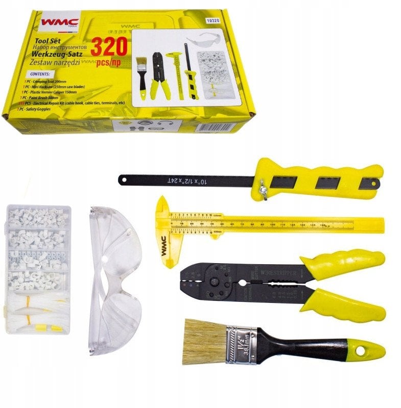 Zestaw narzędzi 320el. (zaciskarka, uchwyty, opaski, pędzel, suwmiarka, piła do metalu, okulary ochronne)
