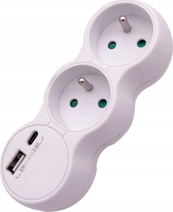 Rozgałęźnik elektryczny z 2 gniazdami 2x2P+Z + USB typ A i C 2,4A Biały