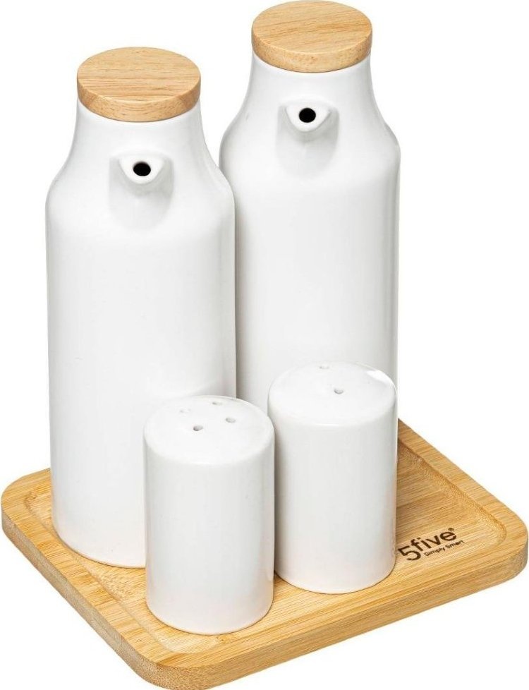 5five Dozowniki do przypraw na oliwę, ocet, sól i pieprz, komplet ceramiczny, biały