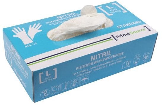 Engangshandske Prime Source STANDARD str. L uden pudder Nitril AQL 1.5 hvid - (100 stk.)