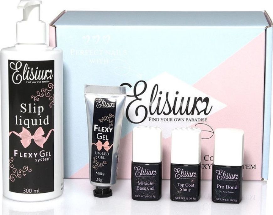Elisium ELISIUM_SET Zestaw Startowy Flexy Gel Pro Bond + Miracle Base Gel + Top Coat Shiny + Slip Liquid + Gel Milky